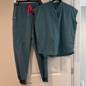 Teal Sleeveless Top and Jogger Set with Pink Accents